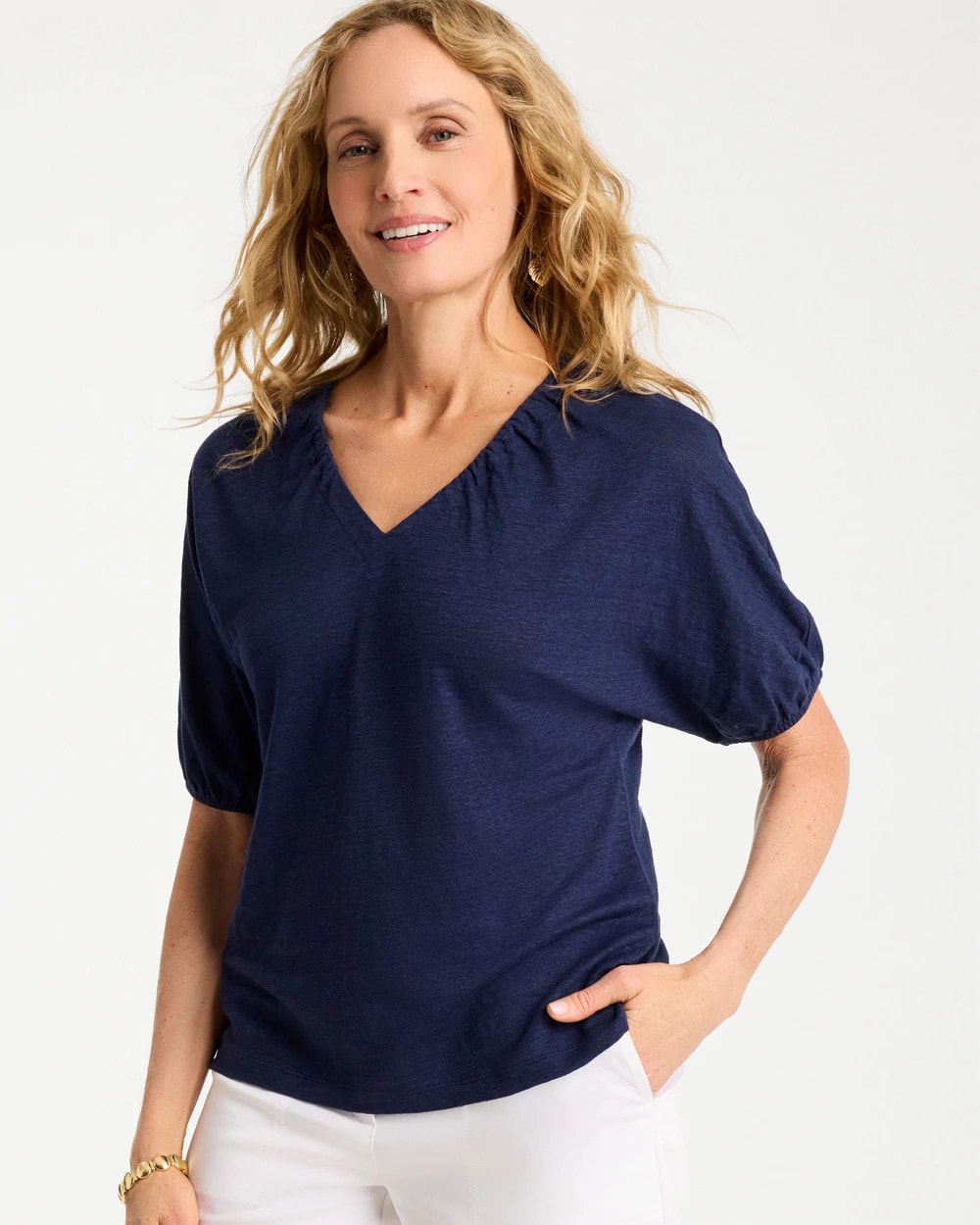 Chico's On Sale - Linen Ruched V-Neck Tee