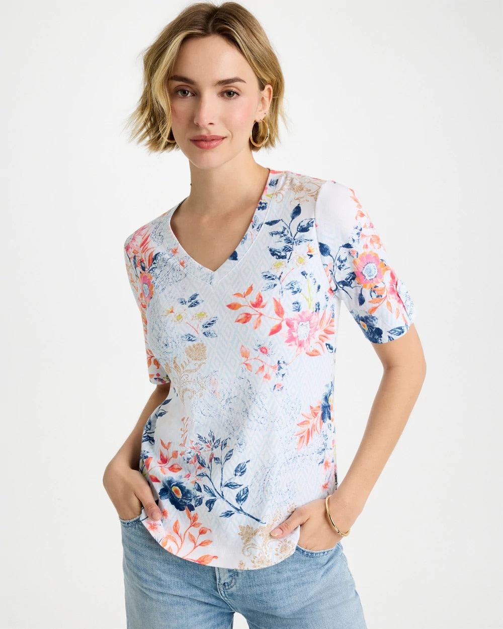 Chico's US - Pima Floral Elbow Sleeve Tee