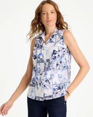 Chico's / Cotton-Blend Classic Printed Sleeveless Shirt
