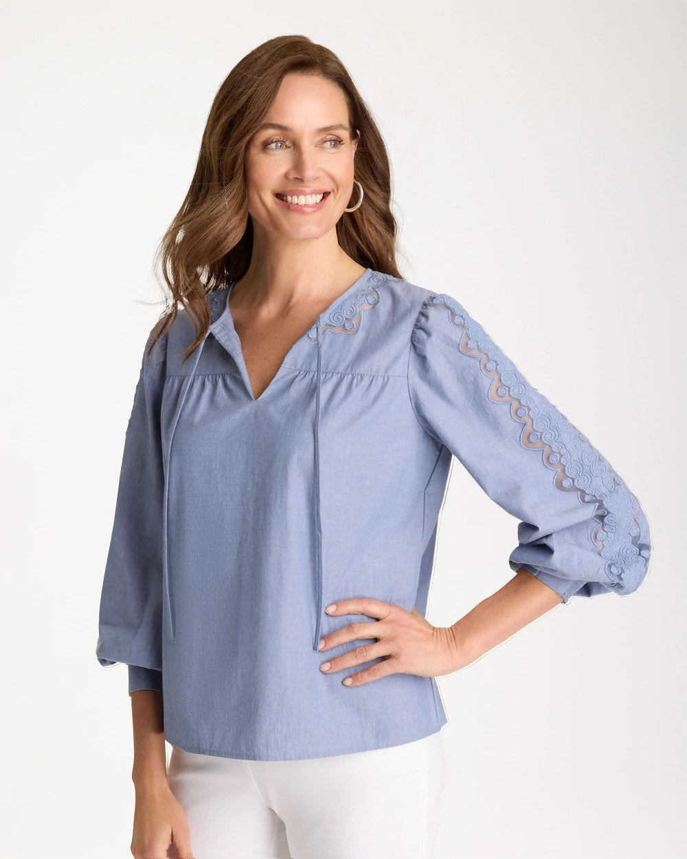 Chico's For Sale - Chambray Lace Tie-Front Blouse