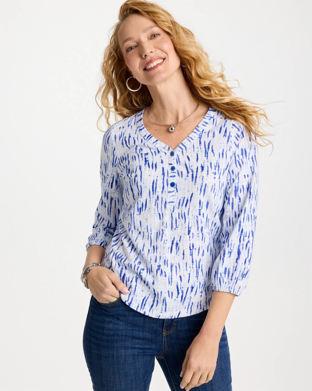 Chico's For Sale - Printed Puff Sleeve Slub Henley