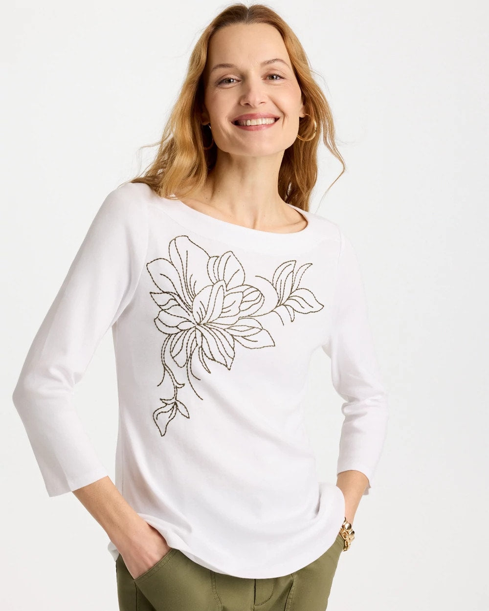 Chico's On Sale - Embroidered Pima 3/4 Sleeve Tee