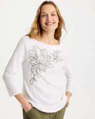 Chico's On Sale - Embroidered Pima 3/4 Sleeve Tee