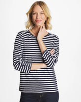 Chico's For Sale - Striped Cotton Slub 3/4 Sleeve Button Tee