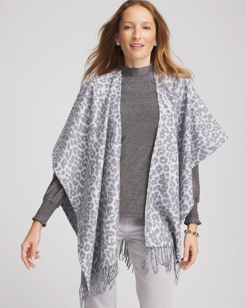 Chico's / Reversible Animal Print Fringe Ruana