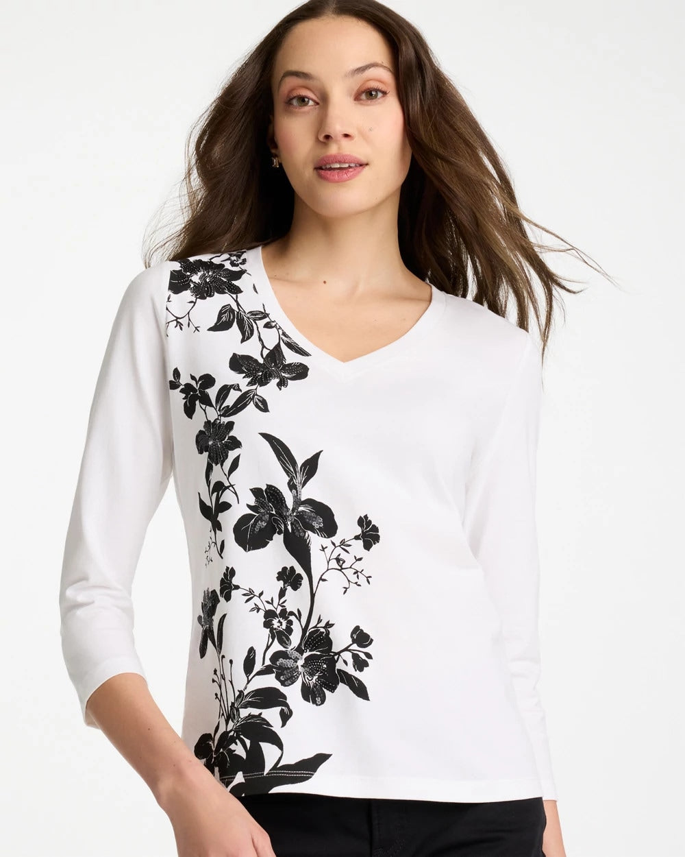 Chico's Sale - Printed Cotton Stretch 3/4 Sleeve Tee