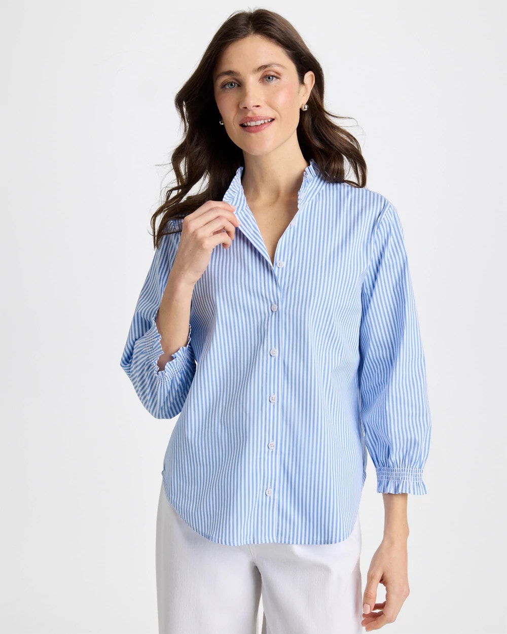 Chico's For Sale - Striped Poplin Ruffle Neck Shirt