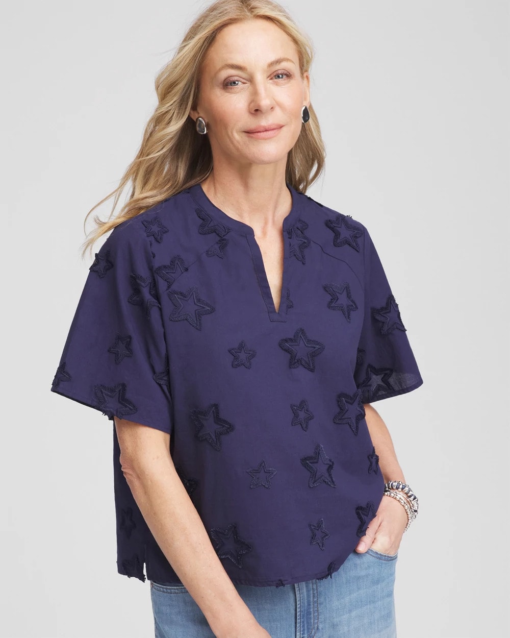 Chico's Outlet - Embroidered Star Split Neck Blouse