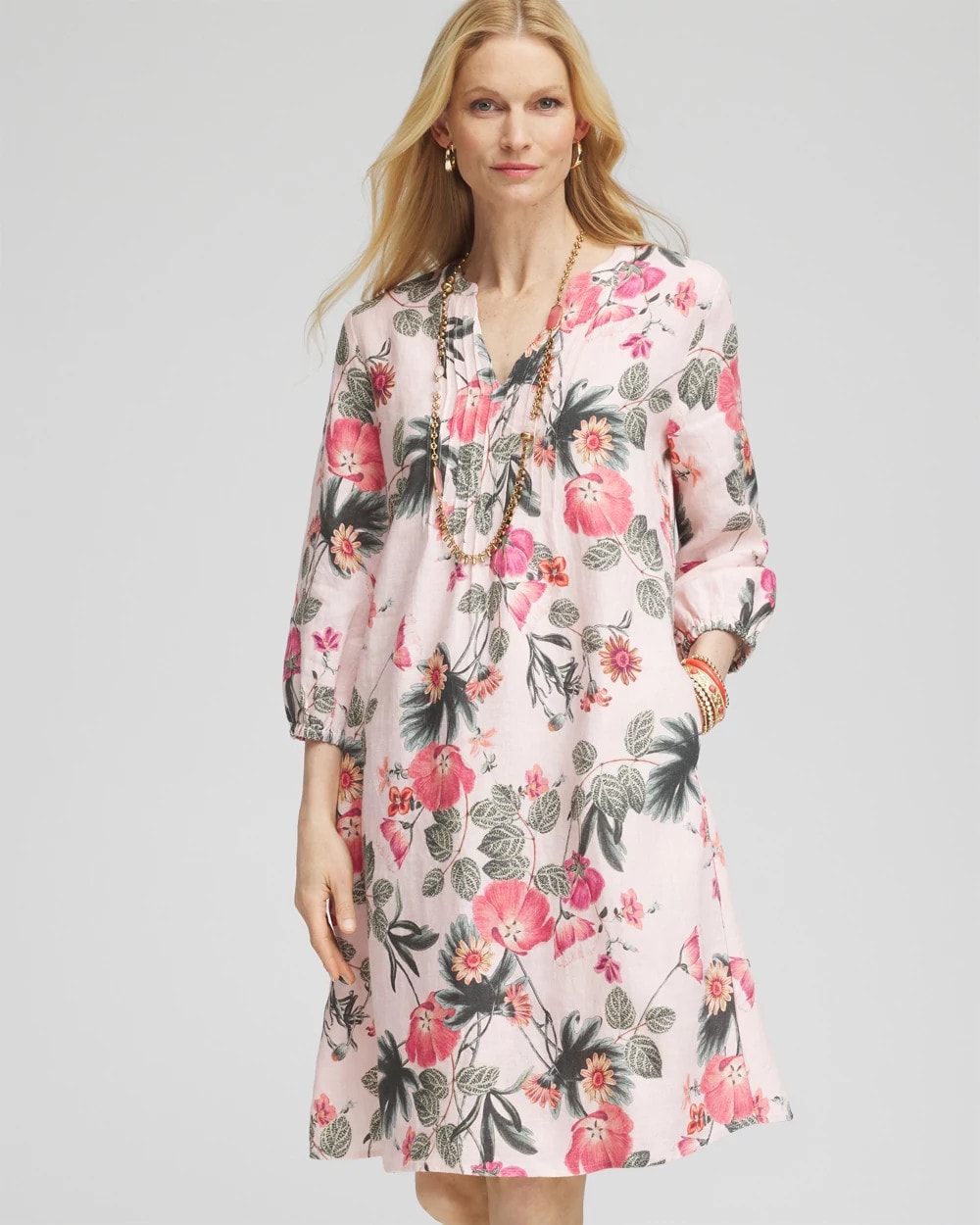 Chico's Outlet - Floral Linen Pintuck 3/4 Sleeved Dress