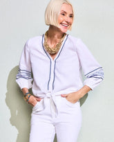 Chico's For Sale - Cotton Gauze Embroidered Tie-Front Blouse