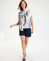 Chico's Leaf Print Linen Ruched V-Neck Tee