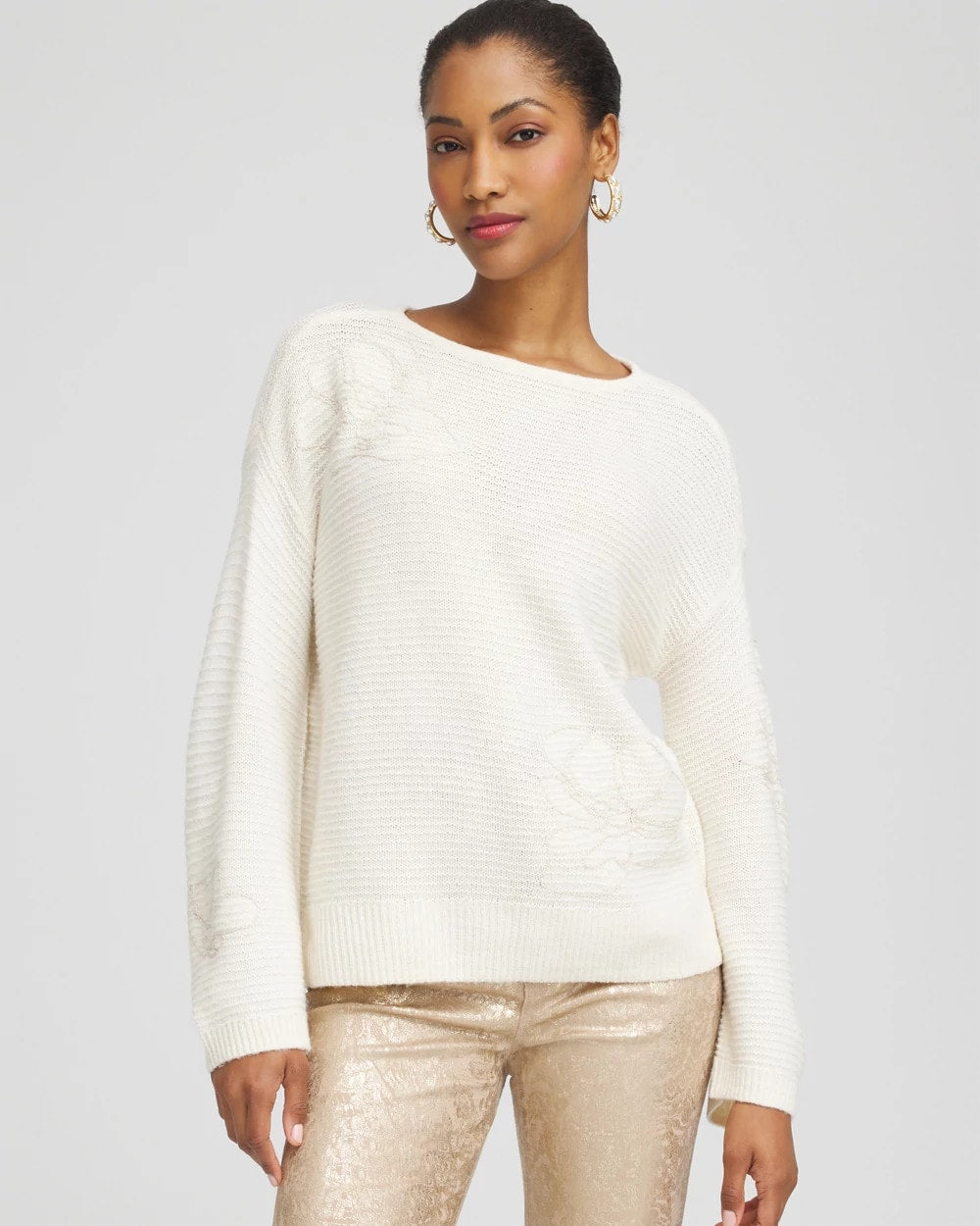 Chico's / Tonal Embroidered Boatneck Pullover Sweater