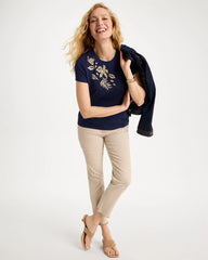 Chico's Cotton Stretch Cap Sleeve Embroidered Tee