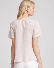 Chico's / Linen Lace-Cutwork Sleeve Henley Tee