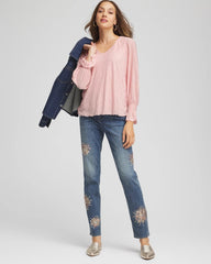 Chico's For Sale - Crinkle Bodre Voop Neck Top