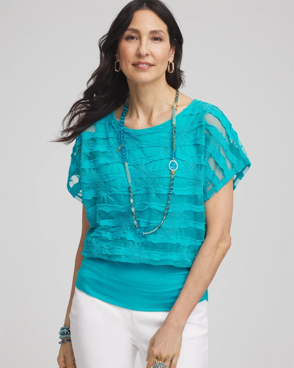 Chico's Online - Embroidered Striped Banded Bottom Top
