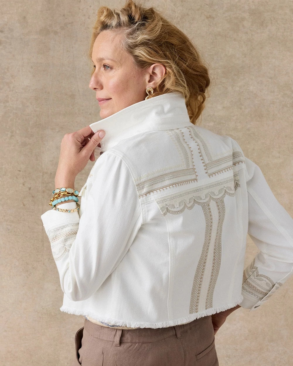 Chico's Discount - Embroidered Cropped Denim Trucker Jacket