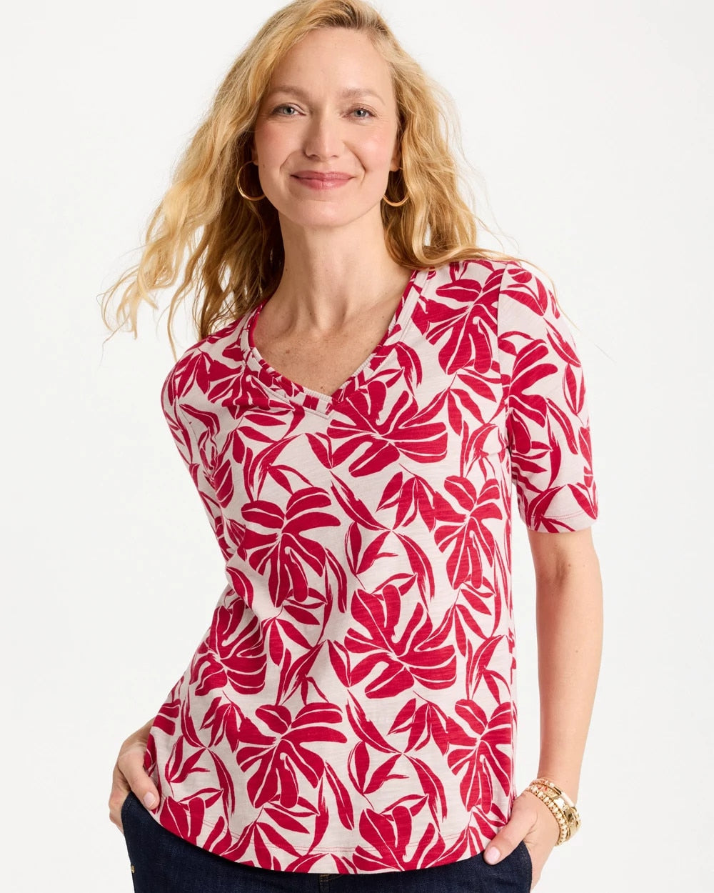 Chico's For Sale - Printed Cotton Slub V-Neck Tee