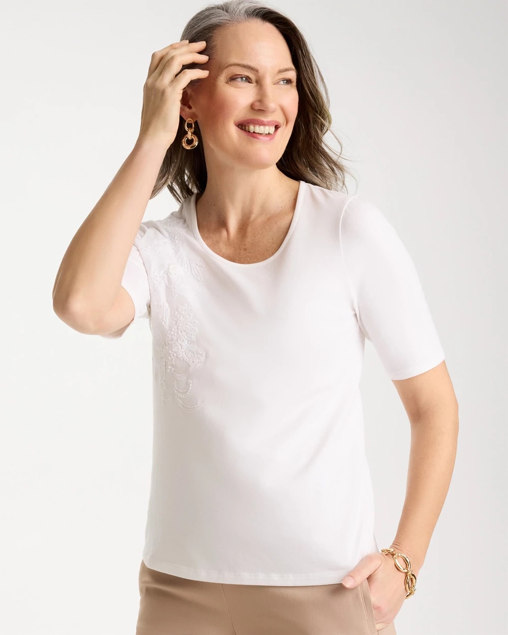 Chico's / Sequin Embroidered Floral Tee