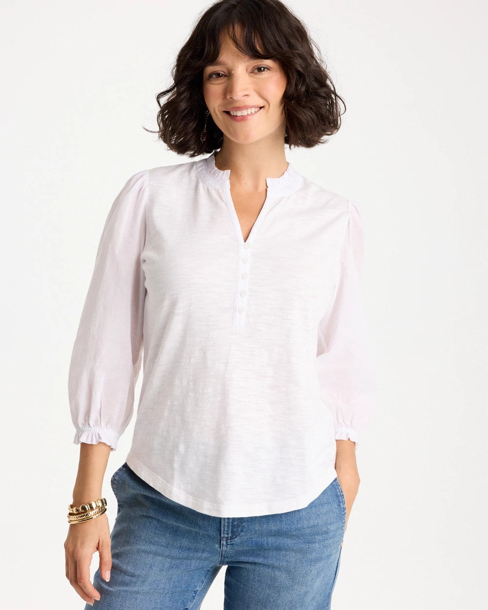 Chico's On Sale - Ruffled V-Neck 3/4 Sleeve Top