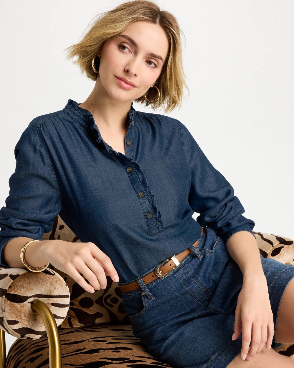 Chico's Discount - Tencel Denim Ruffled Popover Shirt