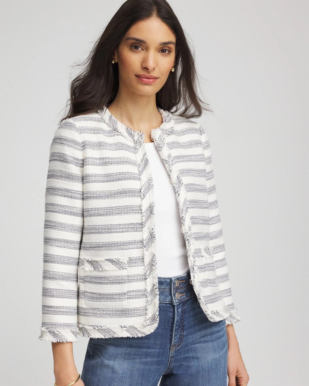 Chico's On Sale - Striped Tweed Collarless Box Jacket