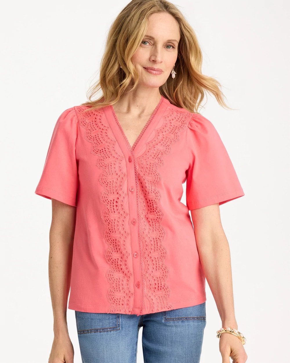 Chico's / Embroidered Button-Front Tee