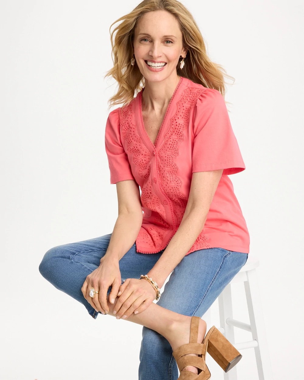 Chico's / Embroidered Button-Front Tee