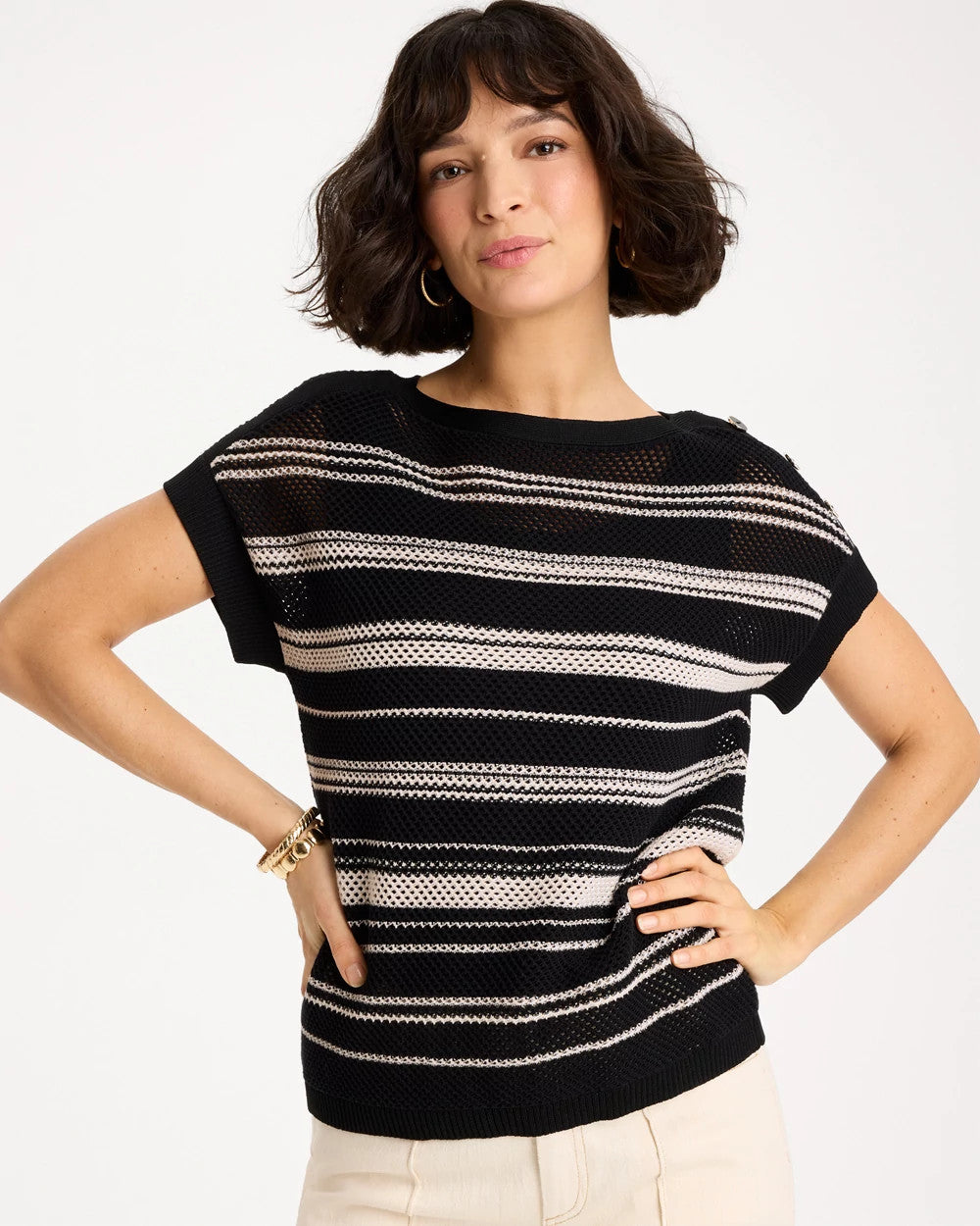 Chico's Outlet - Striped Mesh Stitch Pullover Sweater