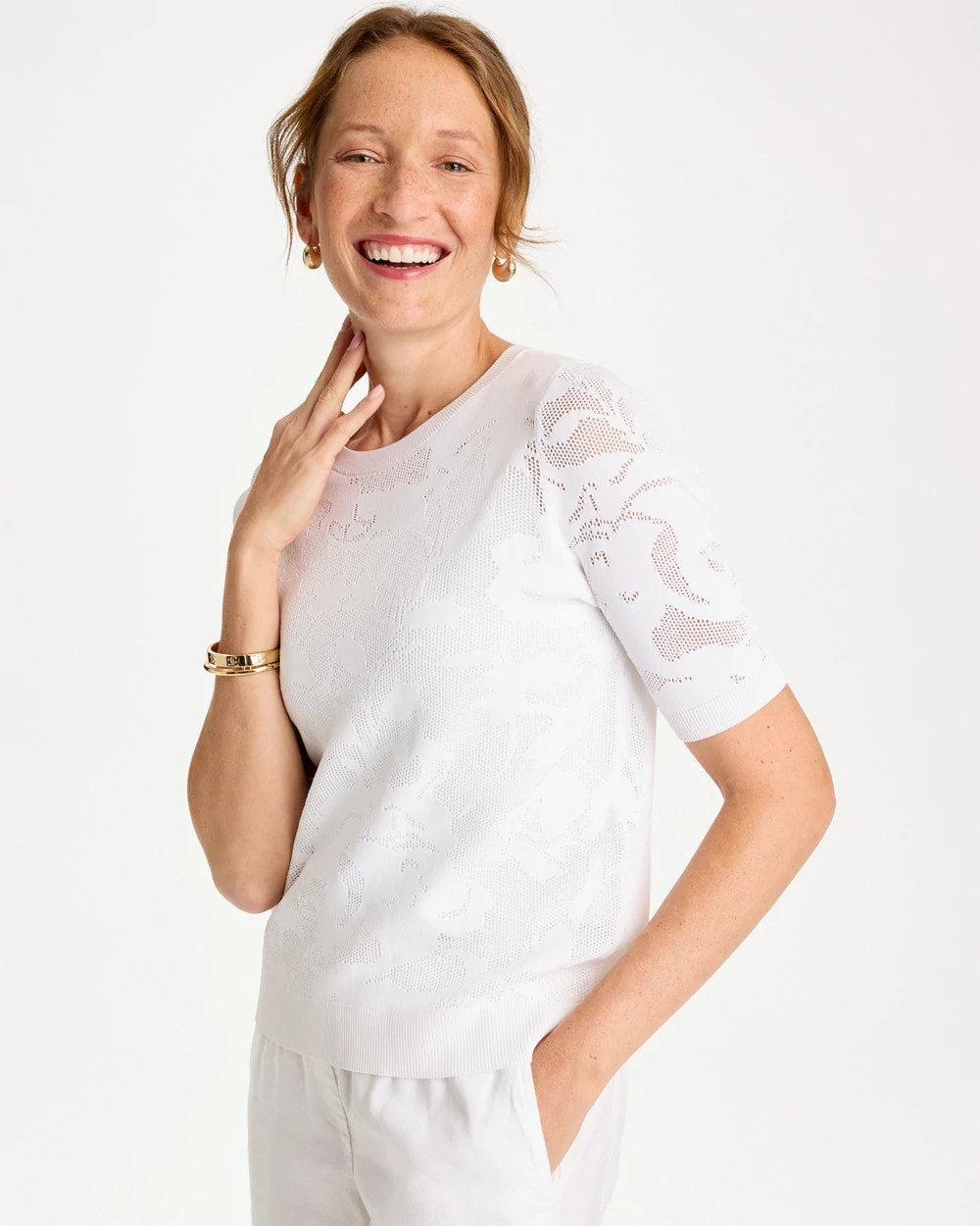 Chico's / Ella Short-Sleeve Pointelle Sweater