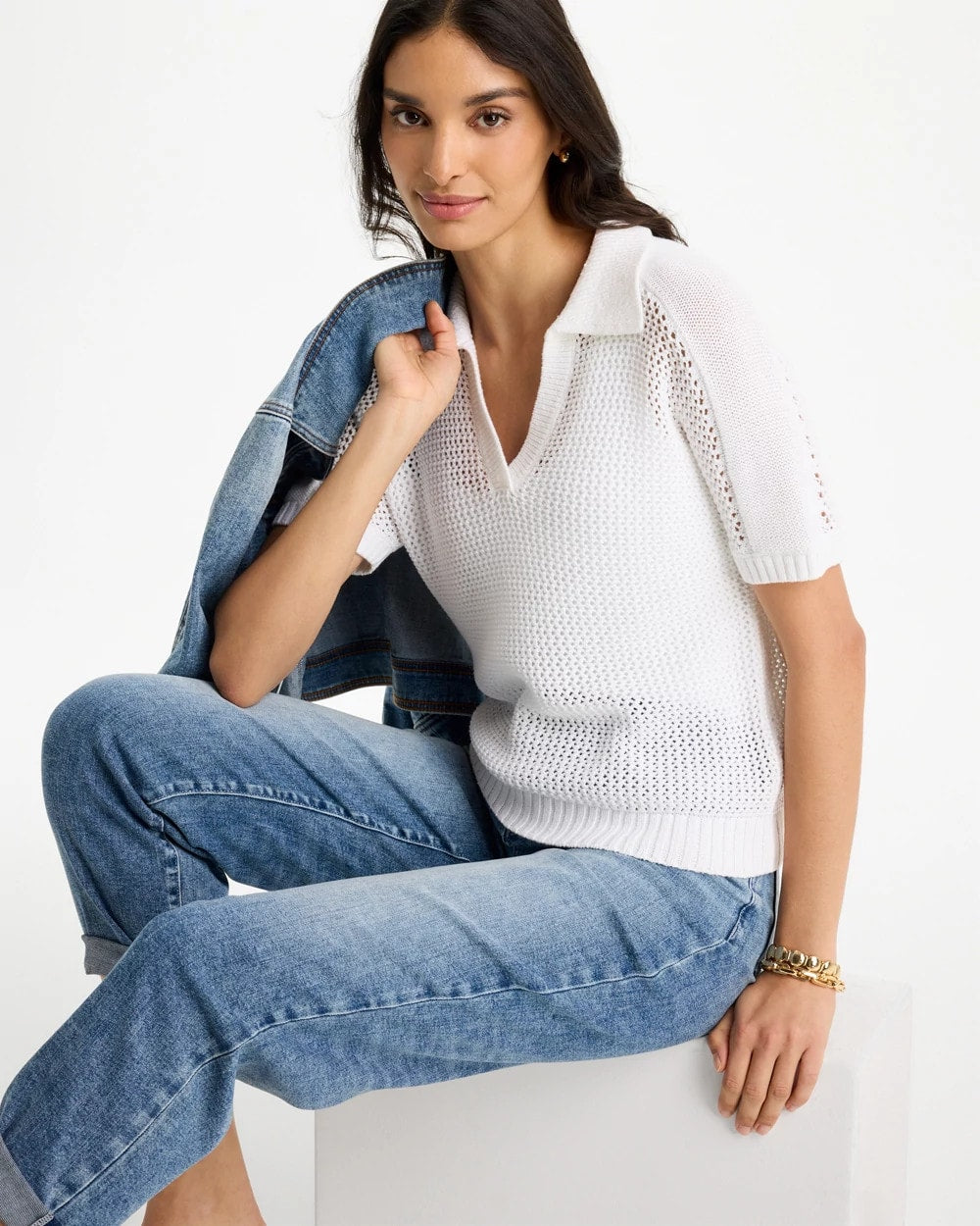 Chico's On Sale - Sequin Pointelle Pullover Polo Sweater
