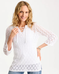 Chico's Sale - Cotton-Linen Lace Notch-Neck Sweater