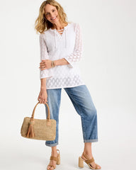 Chico's Sale - Cotton-Linen Lace Notch-Neck Sweater