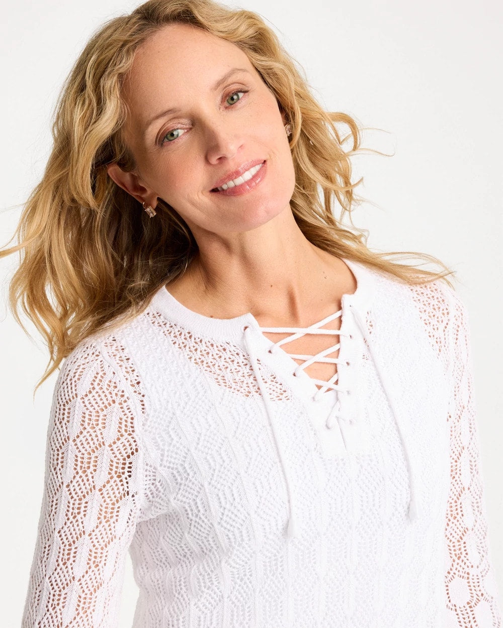 Chico's Sale - Cotton-Linen Lace Notch-Neck Sweater