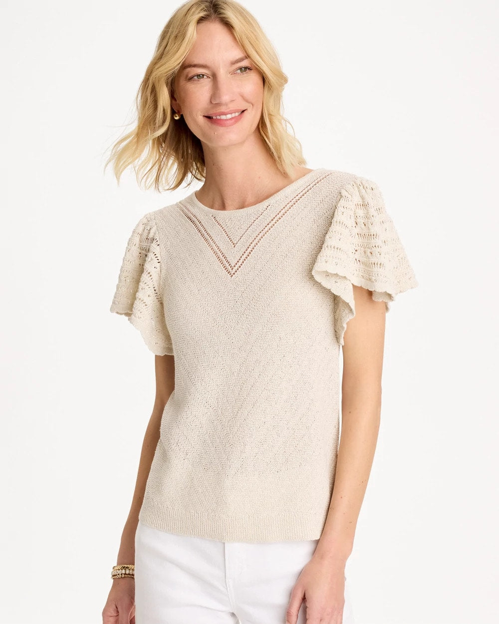 Chico's For Sale - Pointelle Metallic Flutter-Sleeve Pullover