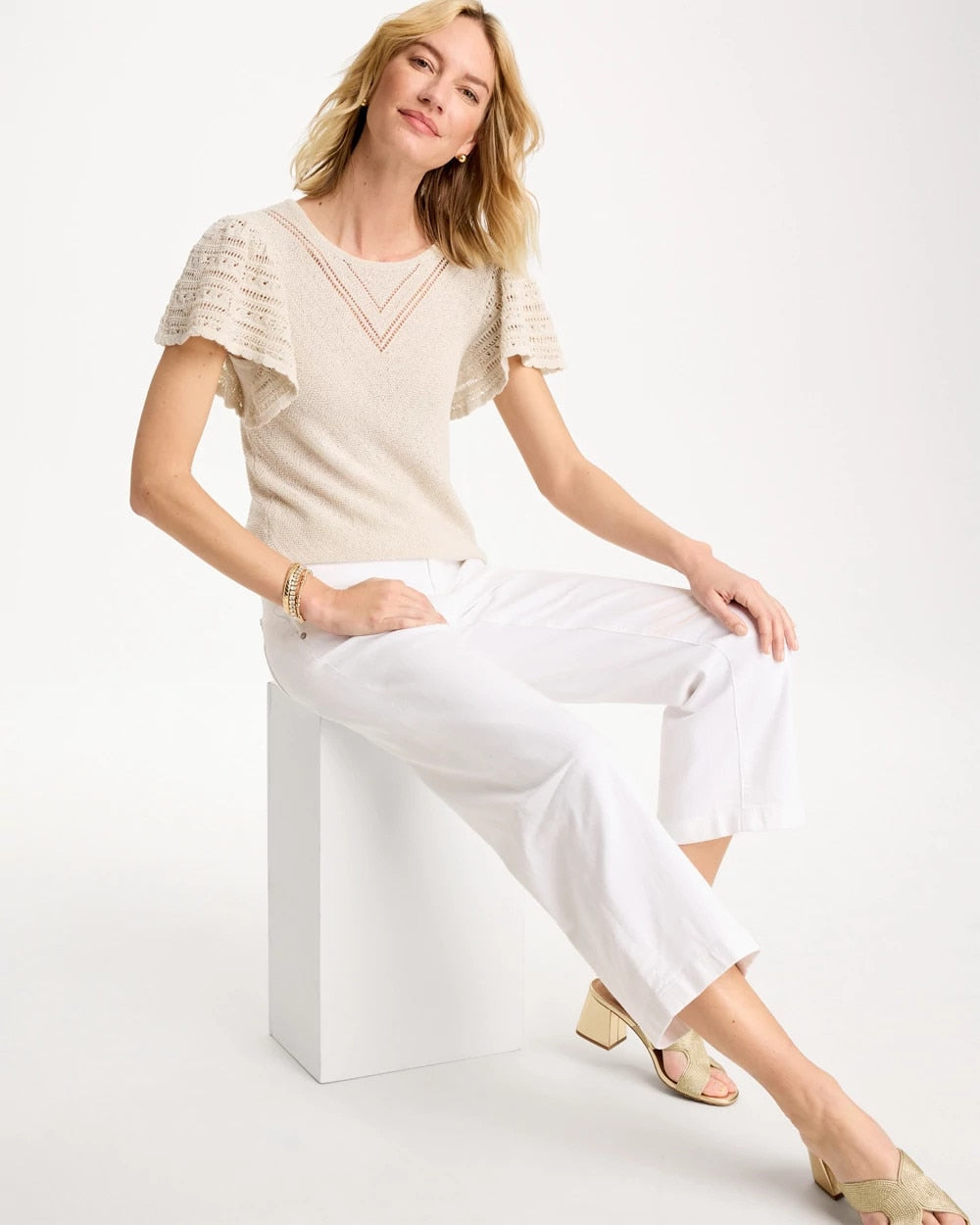 Chico's For Sale - Pointelle Metallic Flutter-Sleeve Pullover