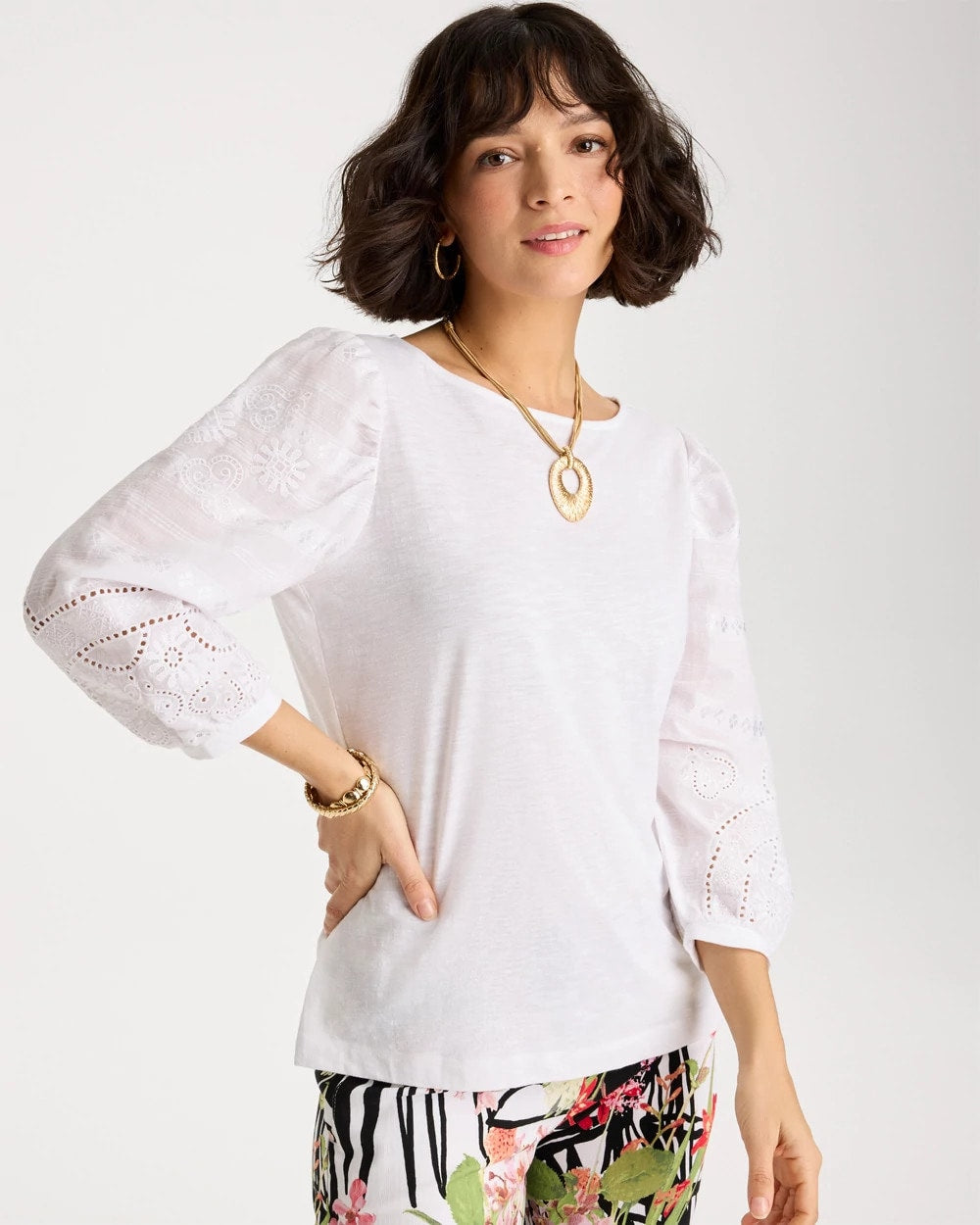 Chico's / Cotton Eyelet Sleeve Tee
