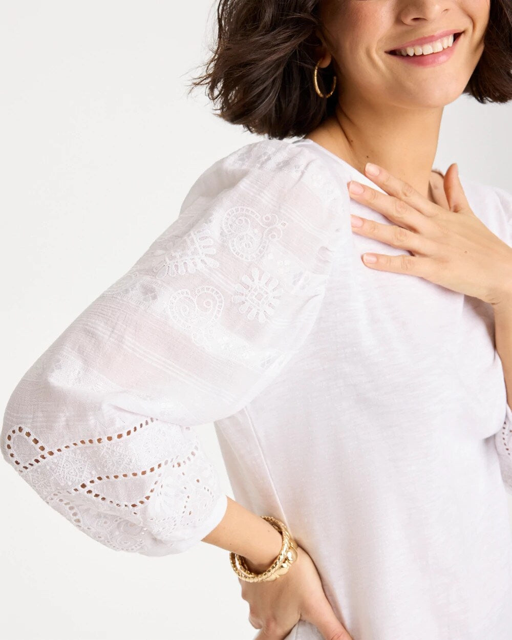 Chico's / Cotton Eyelet Sleeve Tee