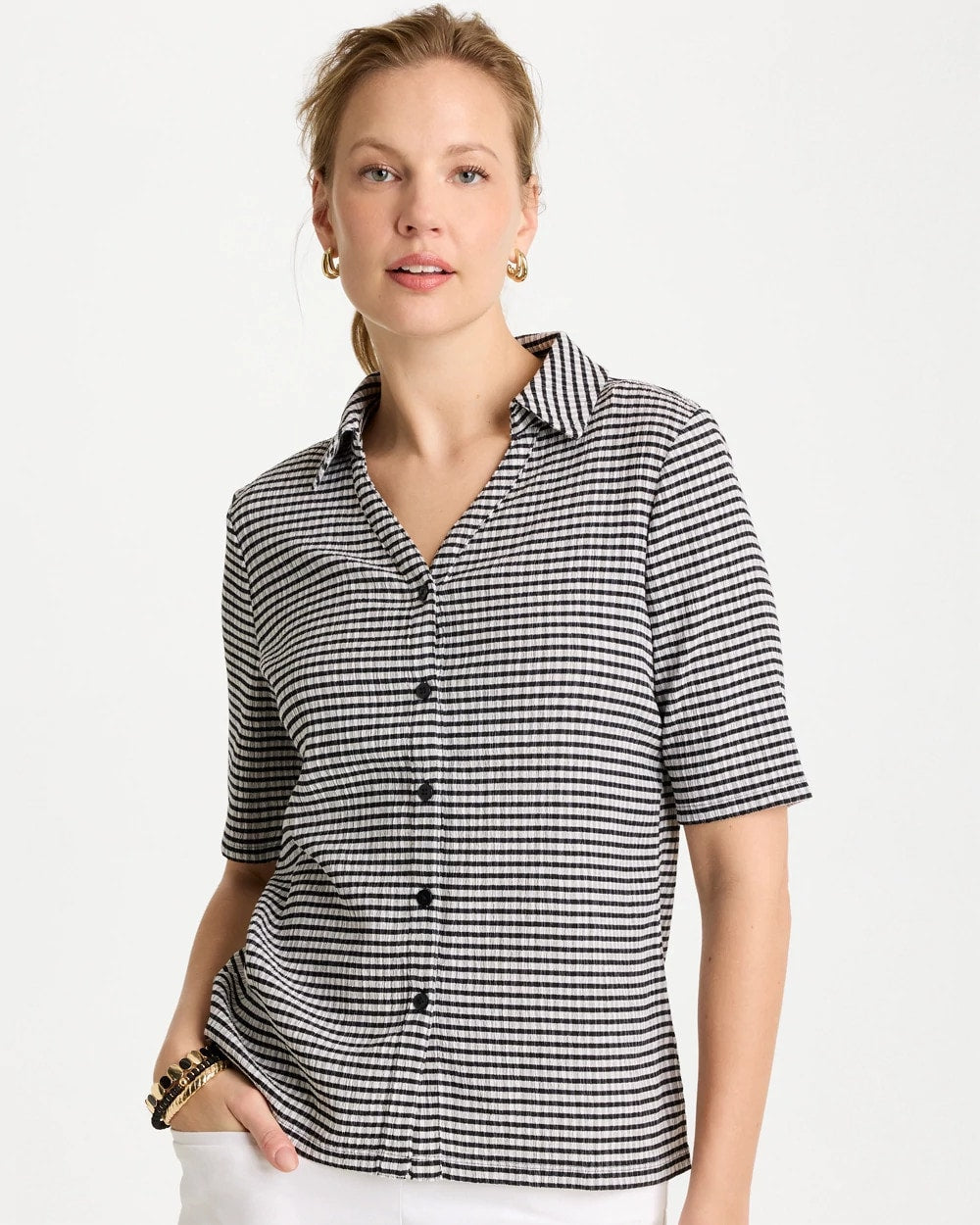 Chico's Discount - Gingham Textured Camp Tee