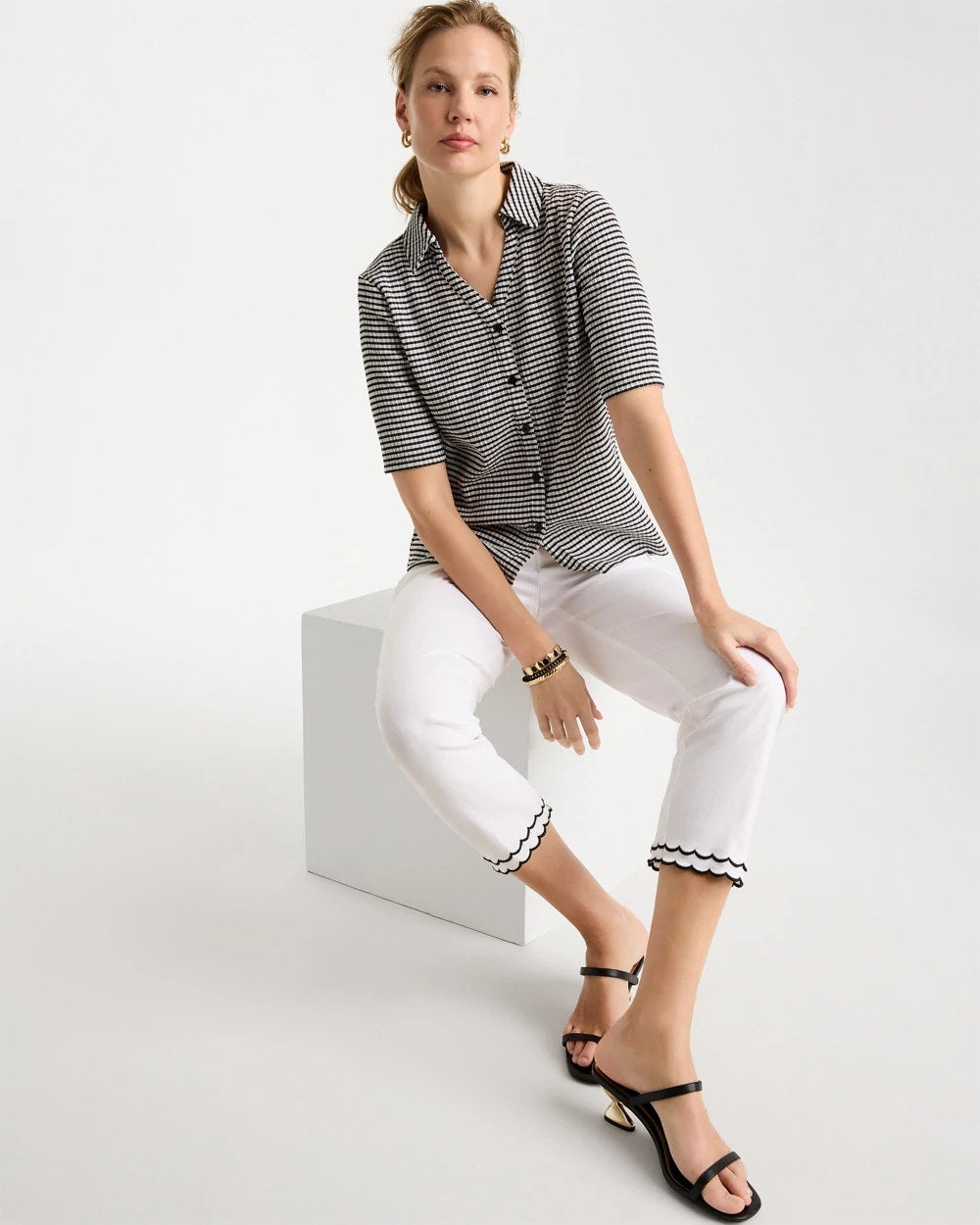 Chico's Discount - Gingham Textured Camp Tee