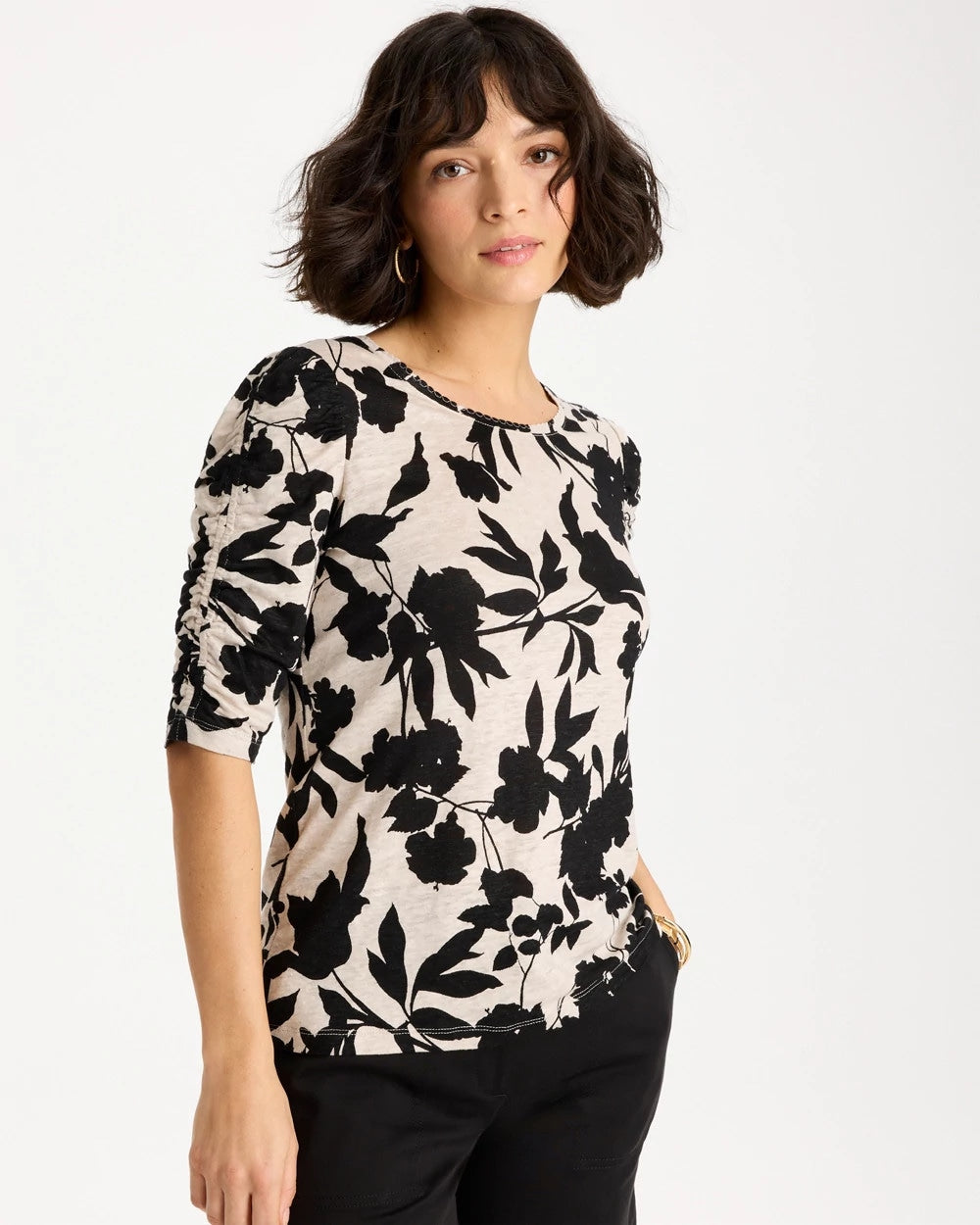 Chico's On Sale - Flora Linen Ruched Sleeve Tee