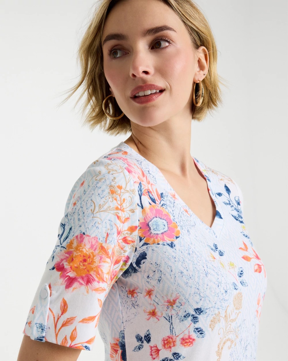 Chico's US - Pima Floral Elbow Sleeve Tee
