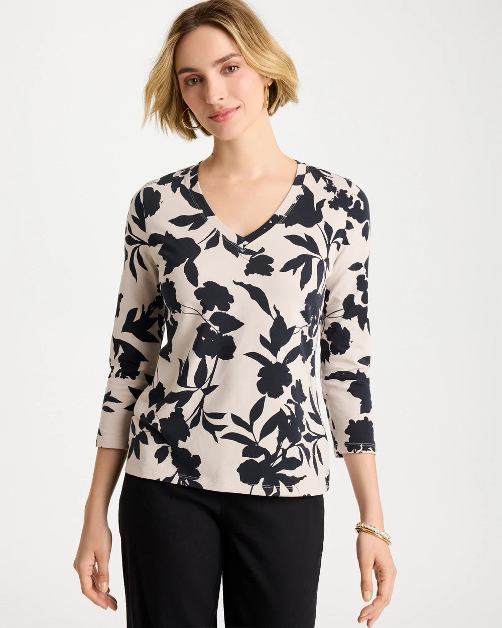 Chico's Discount - Cotton Stretch 3/4 Sleeve Floral Tee