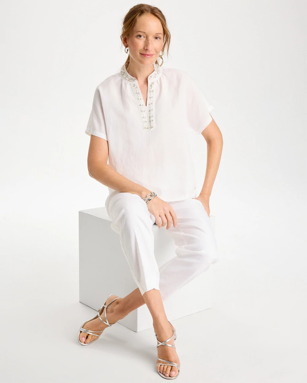 Chico's US - Linen Embellished Popover Top