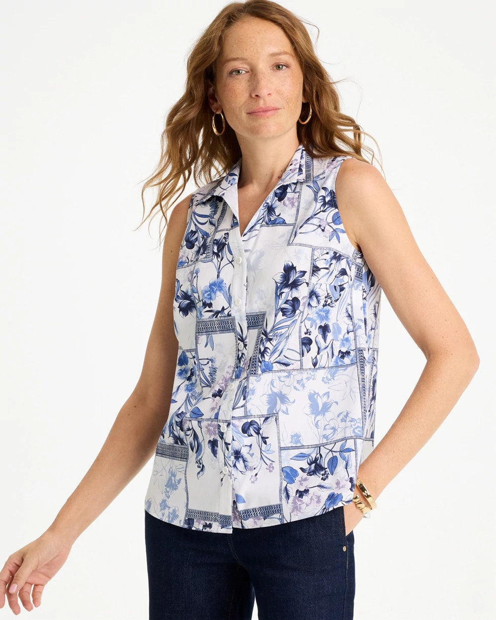 Chico's / Cotton-Blend Classic Printed Sleeveless Shirt
