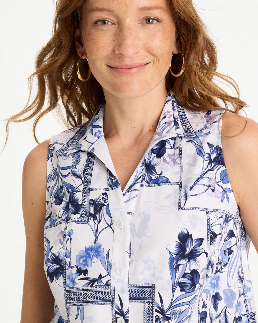 Chico's / Cotton-Blend Classic Printed Sleeveless Shirt