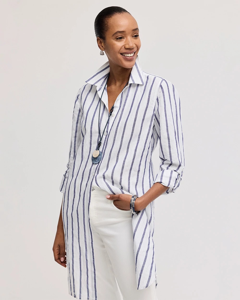 Chico's Sale - Linen Metallic Striped Duster Shirt