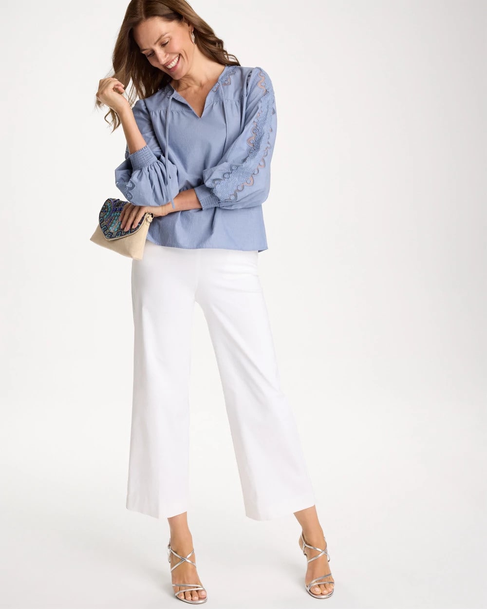 Chico's For Sale - Chambray Lace Tie-Front Blouse