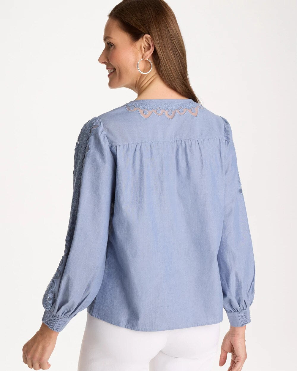 Chico's For Sale - Chambray Lace Tie-Front Blouse