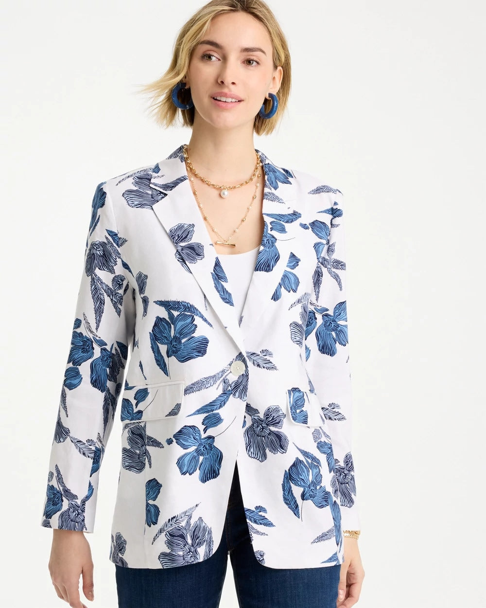 Chico's Discount - Linen Printed Piped Boyfriend Blazer
